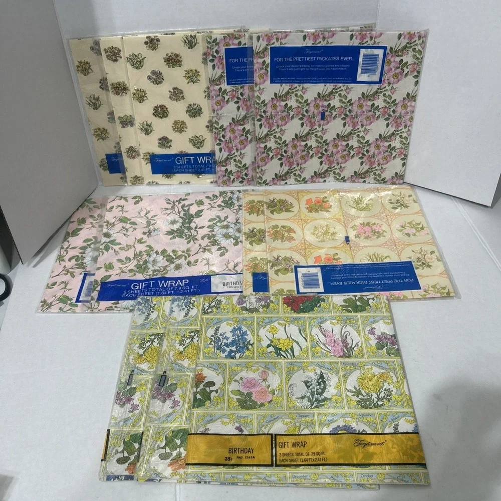 12 Packs of  Vintage Gift Wrapping Paper Forget Me Not Botanical Cottagecore
